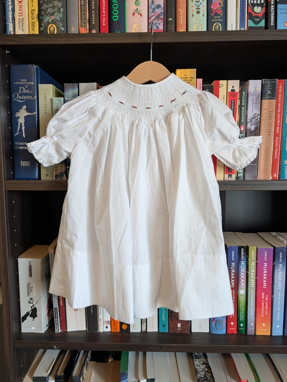 White Smocked Baby Dress with Subtle Floral Embroidery - Unbranded